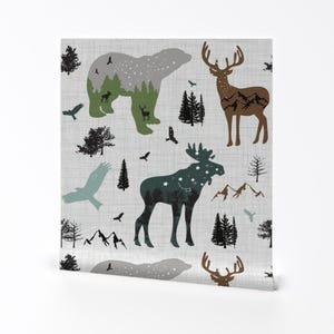 Skogstapet - Skogsdjur på linne av Karolina Papiez - Specialtryckt avtagbar självhäftande tapetrulle av Spoonflower bild 2