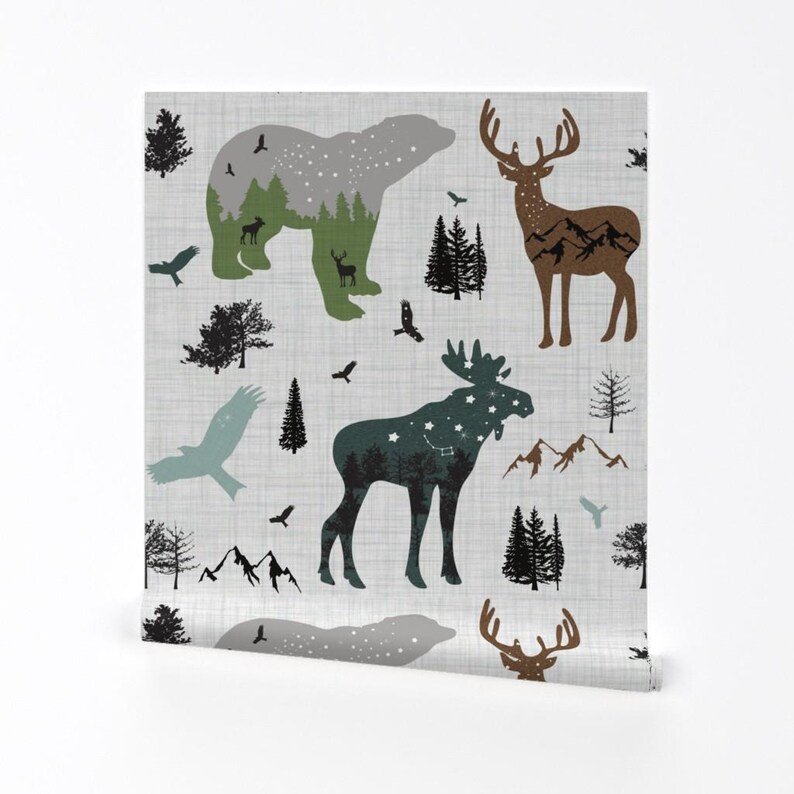 Skogstapet - Skogsdjur på linne av Karolina Papiez - Specialtryckt avtagbar självhäftande tapetrulle av Spoonflower bild 2