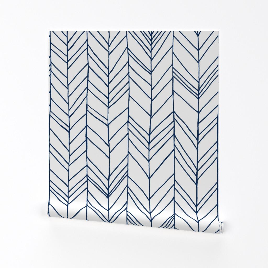 Chevron Wallpaper - Featherland White/Navy Large by Leanne - Custom Printed Removable Self Adhesive Wallpaper Roll by Spoonflower