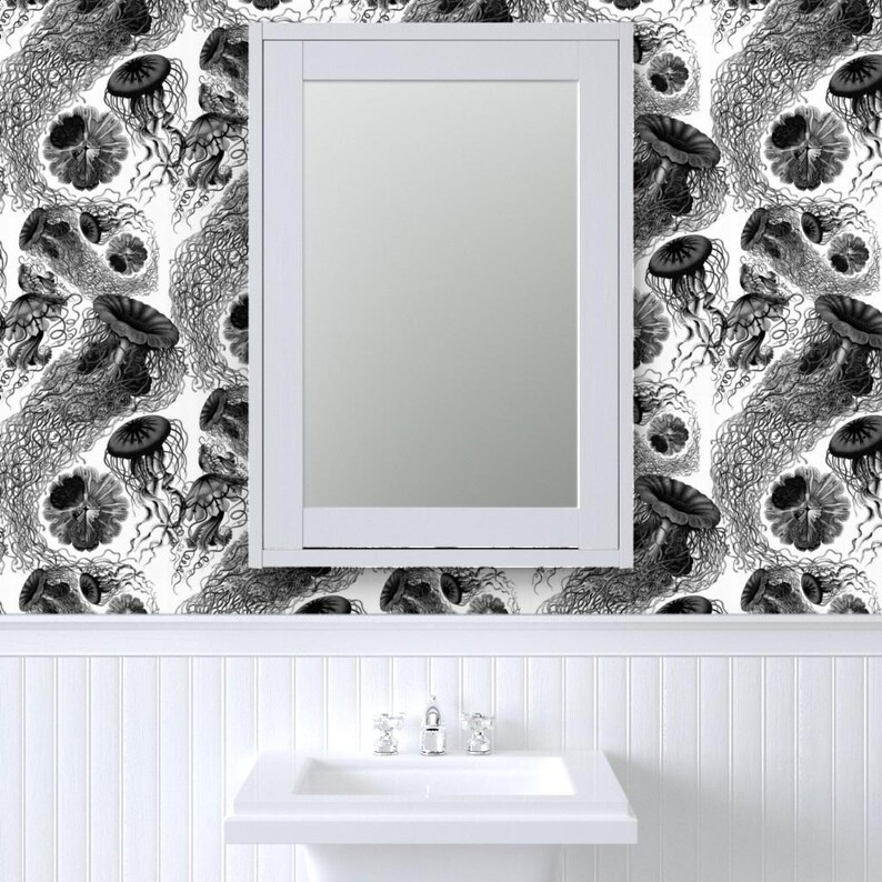 Sea Wallpaper - Jellyfish ~ Black White Swarm By Peacoquettedesigns - Custom Printed Removable Self Adhesive Wallpaper Roll by Spoonflower image 8
