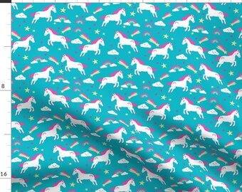 Unicorn Fabric - Unicorn Bright Colors Rainbow Clouds Stars Turquoise By Charlottewinter- Nursery Cotton Fabric By The Yard With Spoonflower