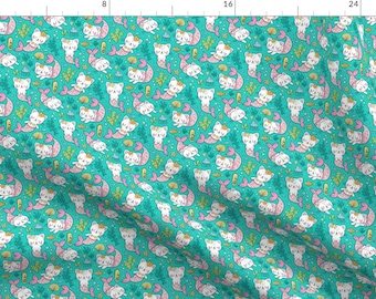 Cat Fabric - Purrmaids Cats Mermaids Sea Doodle On Teal Smaller By Caja Design - Cat Mermaid Cotton Fabric By The Yard With Spoonflower