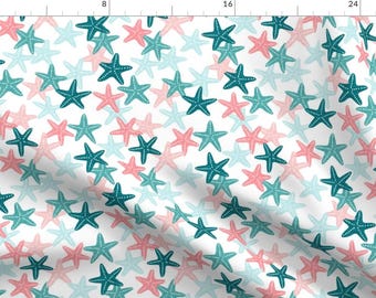 Nautical Fabric - Starfish By Littlearrowdesign - Pink Blue White Beach Island Summer Ocean Kids Cotton Fabric By The Yard With Spoonflower