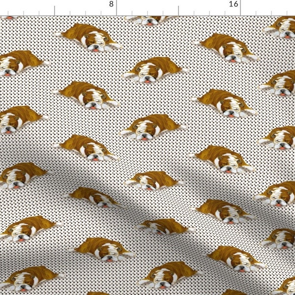 Bulldog Fabric - Snoozing English Bulldog On White With Dots By Eclectic House Cute Puppy Sleep - Cotton Fabric By The Yard With Spoonflower