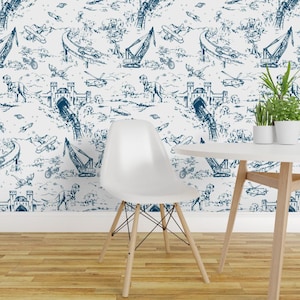 Navy Peel and Stick Wallpaper -  Planes Trains Bears Dragons Dinosaurs - Removable Wall Decor Art - Adventure Toile_indigo by pattern_state