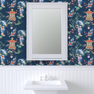 Japanese Wallpaper - Japanese Water Garden Navy By Designed By Debby - Custom Printed Removable Self Adhesive Wallpaper Roll by Spoonflower image 8