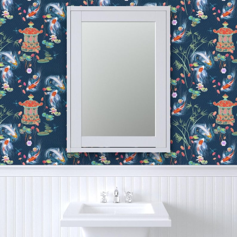 Japanese Wallpaper - Japanese Water Garden Navy By Designed By Debby - Custom Printed Removable Self Adhesive Wallpaper Roll by Spoonflower image 8
