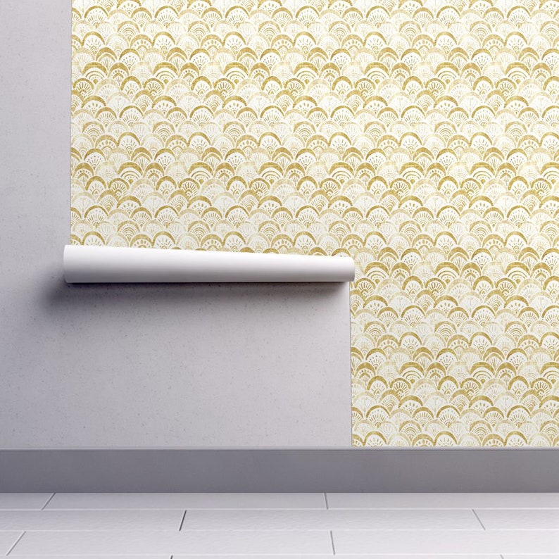 Gold White Custom Printed Removable Self Adhesive Wallpaper Roll by Spoonflower Mermaid Wallpaper Mermaid Gold Sparkle By Crystal Walen