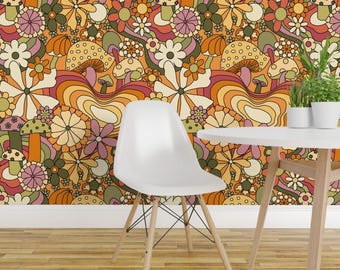 Retro Peel and Stick Wallpaper - Vintage Floral Retro Hippie 70s - Removable Wall Decor Art - Groovy Mushroom Garden by yesterdaycollection