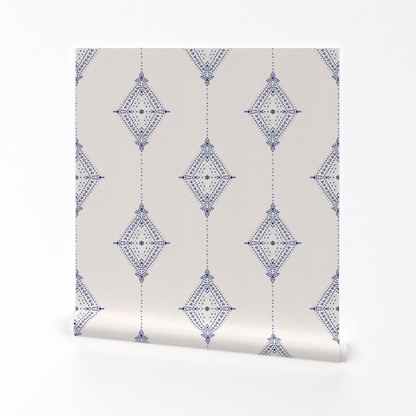 Boho Wallpaper - Diamond Medallion By Michele Norris - Blue Ivory Minimalist Decor Removable Self Adhesive Wallpaper Roll by Spoonflower