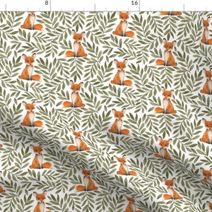 Woodland Watercolor Fox Fabric - Small Fox And Leaves By Bluebirdcoop - Olive Gender Neutral Baby Cotton Fabric By The Yard With Spoonflower image 1