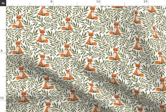 Woodland Watercolor Fox Fabric - Small Fox And Leaves By Bluebirdcoop - Olive Gender Neutral Baby Cotton Fabric By The Yard With Spoonflower