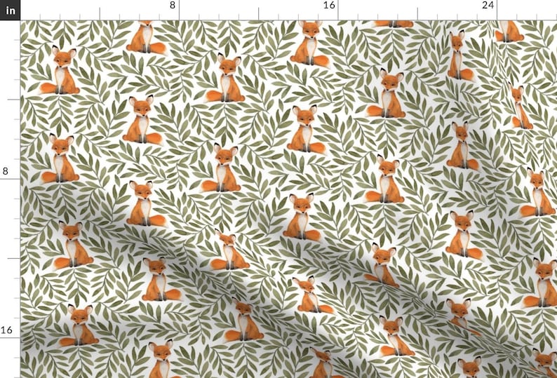 Woodland Watercolor Fox Fabric - Small Fox And Leaves By Bluebirdcoop - Olive Gender Neutral Baby Cotton Fabric By The Yard With Spoonflower image 1