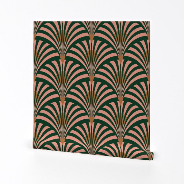 Art Deco Wallpaper - Art Deco Pink And Green Fans by sophieworrall - Geometric Salmon Pink Removable Peel and Stick Wallpaper by Spoonflower