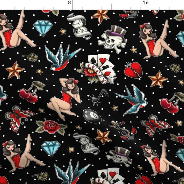 Rockabilly Tattoos Retro Pattern Fabric - Rockabilly Fun By Whimsical Brush - Rockabilly Cotton Fabric By The Yard With Spoonflower