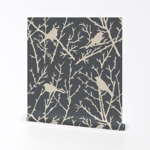 Birds Wallpaper - Branchy Bird - Gray Sand By Cinneworthington - Birds Custom Printed Removable Self Adhesive Wallpaper Roll by Spoonflower