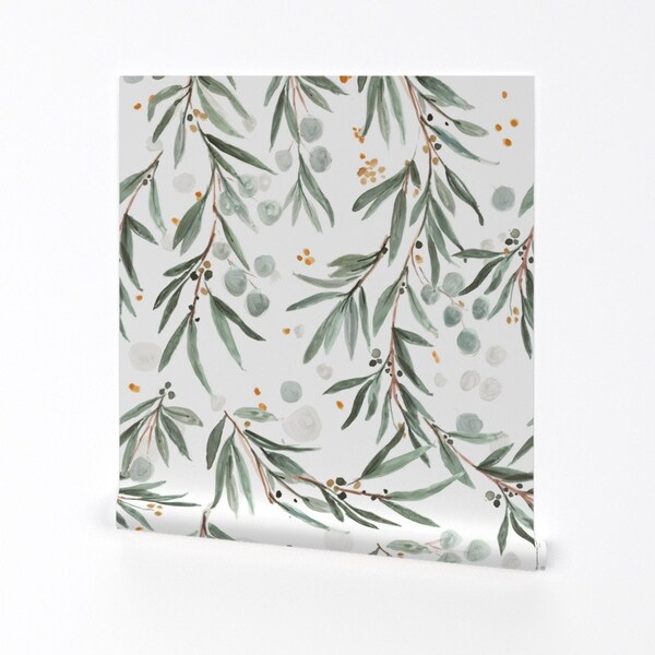 Leaves Wallpaper - Wispy Leaves - Olive Sage By Crystal Walen - Green White Eucalyptus Removable Self Adhesive Wallpaper Roll by Spoonflower