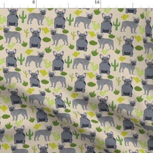 Gray Boho Frenchie Fabric - Frenchie Fabric French Bulldog And Cactus Design By Petfriendly - Cotton Fabric by the Yard With Spoonflower