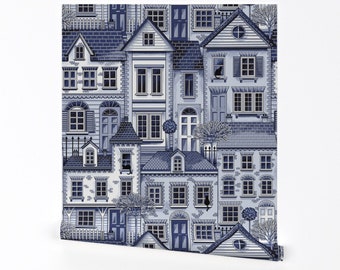 Town Houses Wallpaper - Town House Toile Blue By Emma Heeson Design - Custom Printed Removable Self Adhesive Wallpaper Roll by Spoonflower