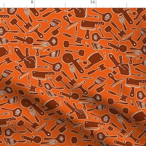 Kitchen Fabric - Utensils By Jadegordon - Kitchen Orange Maroon Cooking Chef Tools Knife Spatula Cotton Fabric By The Yard With Spoonflower