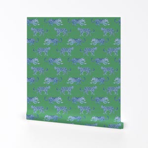 Preppy Leopard Removable Peel and Stick Wallpaper - Animalier Jade Green Blue - Wall Art Wall Decor - Leopard Parade Blue by danika_herrick