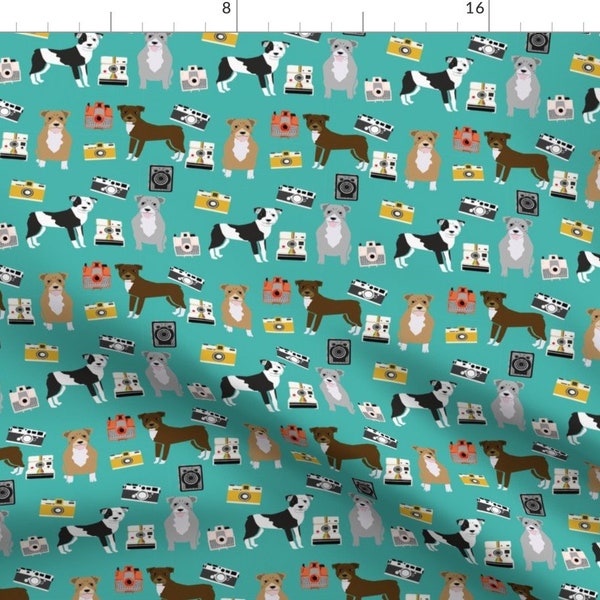 Pitbull Fabric - Pitbull Camera Dog Breed Photographer Teal By Petfriendly - Pitbull Camera Teal Cotton Fabric By The Yard With Spoonflower