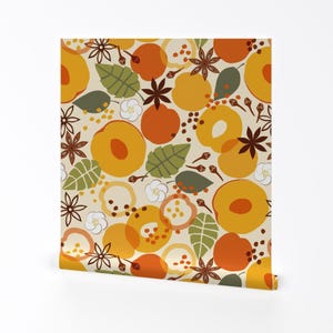 Carta da parati Albicocche - Apricot Pie Large di De Zigns - Rotolo di carta da parati autoadesiva rimovibile in stile retrò anni '70, arancione e verde di Spoonflower