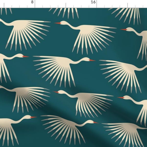 Cranes Fabric - Art Deco Cranes By Katerhees - 1920s Blue Birds Geometric Flying Crane Sunburst Cotton Fabric By The Yard With Spoonflower