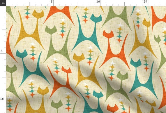 Mid Century Cats Fabric - Mid Mod Meow by studioxtine - Geometric Cats Atomic Starburst Retro Colors Aqua  Fabric by the Yard by Spoonflower
