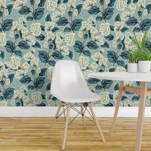 Carta da parati adesiva in stile rustico con motivi floreali - Botanica tradizionale blu - Decorazione murale rimovibile - Floreale retrò color verde acqua di fernlesliestudio