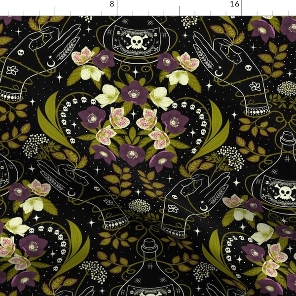 Gothic Fabric - Floral Poison Damask by me_coco_design - Celestial Witchy Poisonous Plants Hands Magical  Fabric by the Yard by Spoonflower