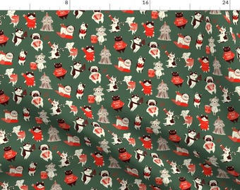 Retro Holiday Fabric - Vintage Christmas by vivian_yiwing - Green Red Christmas Whimsical Dogs Cats Fabric by the Yard by Spoonflower