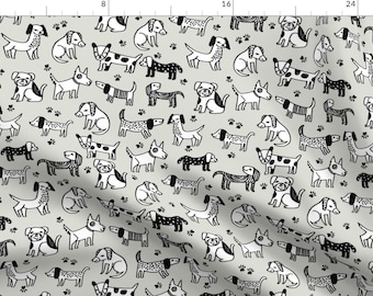 Dog Fabric - Pets Hand-Drawn Illustration Linen Color Off-White Dog By Andrea Lauren - Gray Black Cotton Fabric By The Yard With Spoonflower