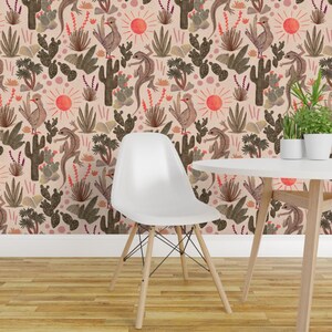 Desert Peel and Stick Wallpaper - Earth Tones Sun Lizards Cactus Garden - Removable Wall Decor Art - Arid Aesthetic by rebelrustudio