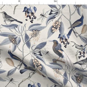 Victorian Garden Fabric - Vintage Magnolia by andrea_haase_design - Blue Beige Flowers And Birds Botanical Fabric by the Yard by Spoonflower