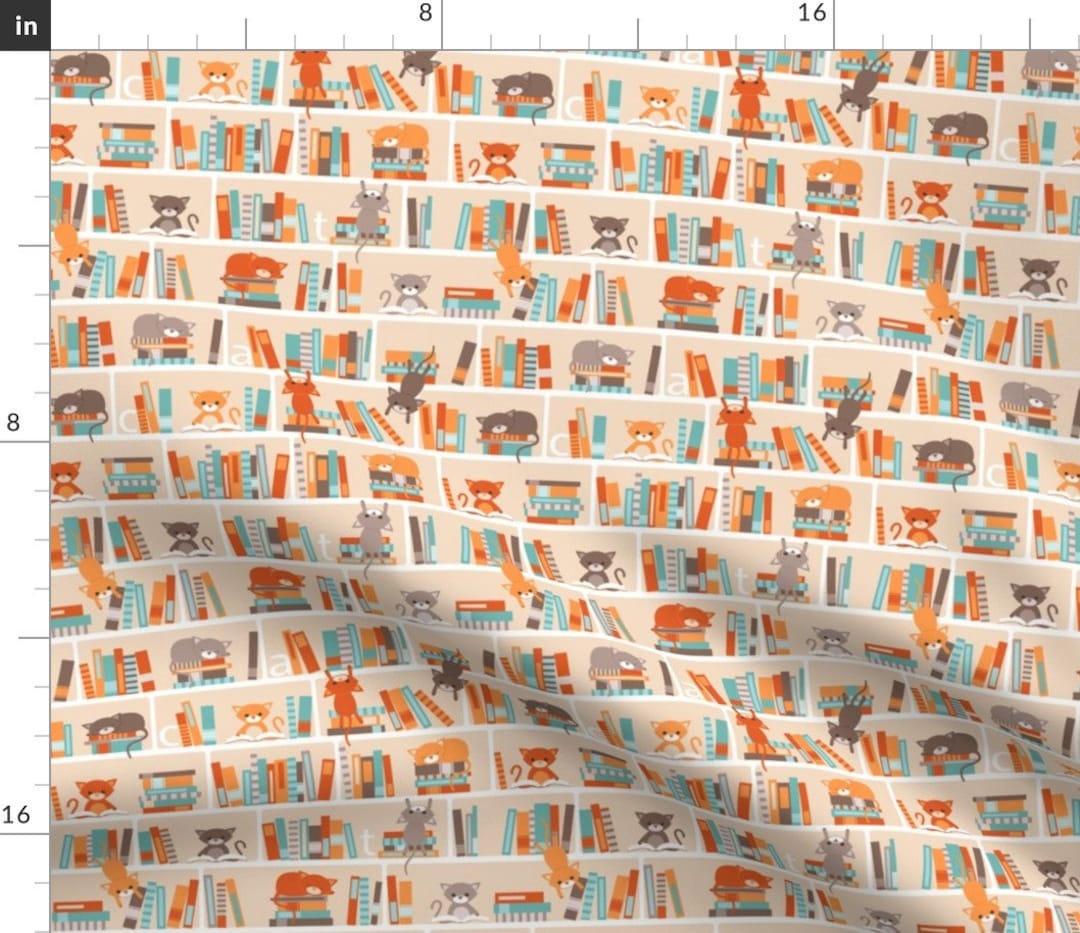 Cats and Books Fabric Library Cats Small by Heleenvanbuul - Etsy