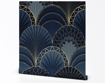 Art Deco Wallpaper - Art Deco Scallop Blue Jumbo by marketa_stengl - Geometric Scallop Removable Peel and Stick Wallpaper by Spoonflower