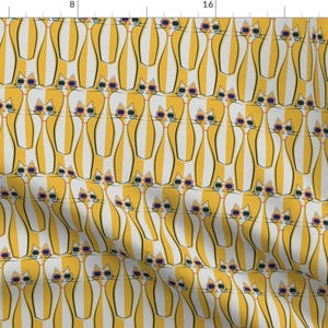 May include: A repeating pattern of yellow and white striped cats wearing sunglasses. The cats are all facing forward and have a simple, cartoon-like design.