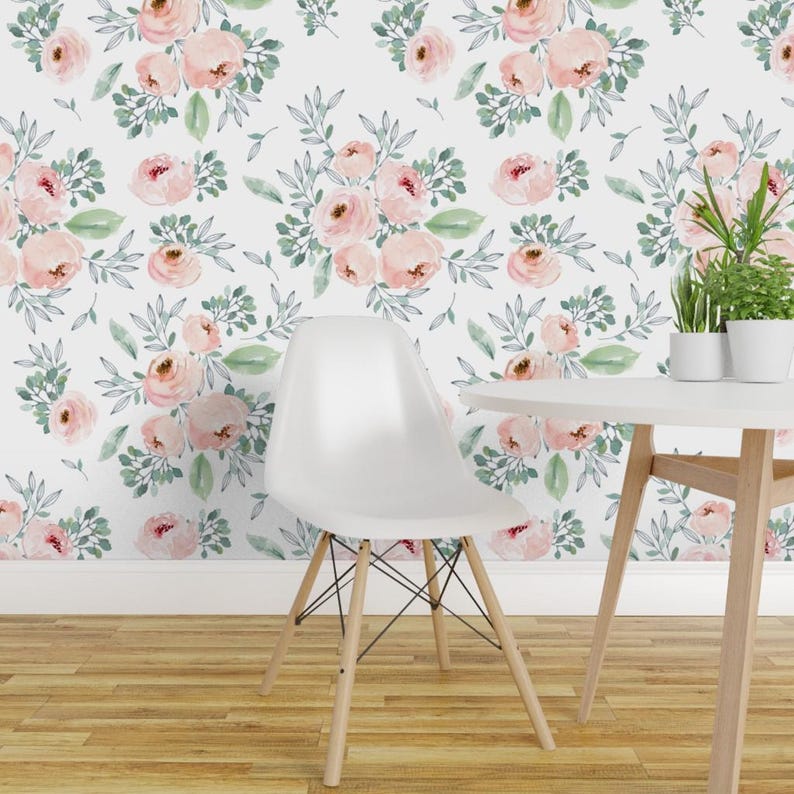 Pink Wallpaper - Gables Rose / White By Shopcabin - Pink White Roses Custom Printed Removable Self Adhesive Wallpaper Roll by Spoonflower image 1