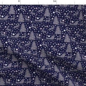 Vintage Navy Blue Christmas Pattern Fabric - Deer, Oh Dear By Miaclarke - Vintage Christmas Cotton Fabric By The Yard With Spoonflower image 1