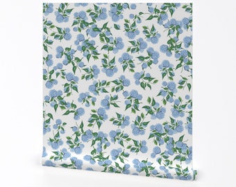 Hortensia Bloemenbehang - Hydrangea Blue van chrissyink - Blauwgroene Botanische Weide Verwijderbare Peel en Stick Wallpaper van Spoonflower