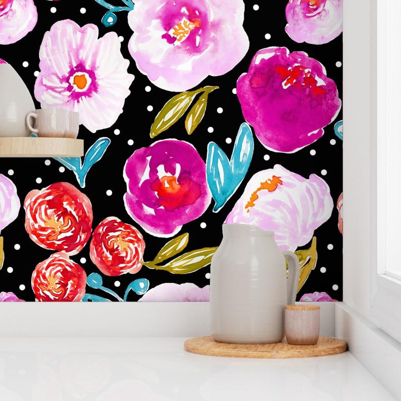 Large Scale Floral Fabric - Poppy Bloom Black By Indybloomdesign - Bright Pink Floral Removable Self Adhesive Wallpaper Roll by Spoonflower image 7