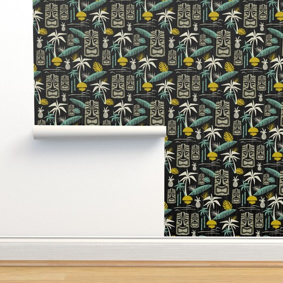 Tiki Wallpaper Island Tiki Black by Heatherdutton Black - Etsy
