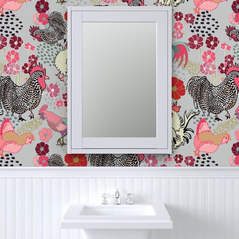 Barnyard Wallpaper Rooster Parade by Limezinniasdesign - Etsy