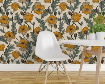 Vintage Floral Peel and Stick Wallpaper - California Poppy Bohemian - Removable Wall Decor Art - Joon Poppy Bright by holli_zollinger