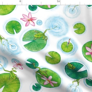 Watercolor Frogs Fabric - Frogs In Julie&#39;S Pond By Juliesfabrics - Summer Frog Pond Cotton Fabric By The Yard With Spoonflower