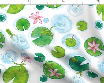 Watercolor Frogs Fabric - Frogs In Julie'S Pond By Juliesfabrics - Summer Frog Pond Cotton Fabric By The Yard With Spoonflower