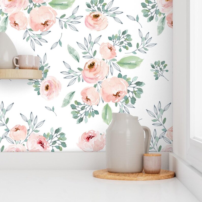 Pink Wallpaper - Gables Rose / White By Shopcabin - Pink White Roses Custom Printed Removable Self Adhesive Wallpaper Roll by Spoonflower image 7