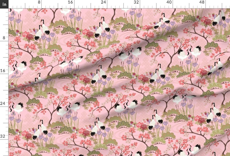 Japanese Garden On Pink Fabric - Gueth Japanese Garden Pink By Juditgueth - Japanese Garden Crane Cotton Fabric By The Yard With Spoonflower Bild 2