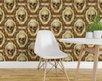 Gothic Wallpaper- Victorian Skulls By Thecalvarium - Goth Vintage Skull Custom Printed Removable Self Adhesive Wallpaper Roll by Spoonflower